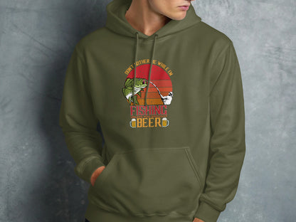 Olive green hoodie with graphic of a fish jumping, fishing rod, and beer mug.