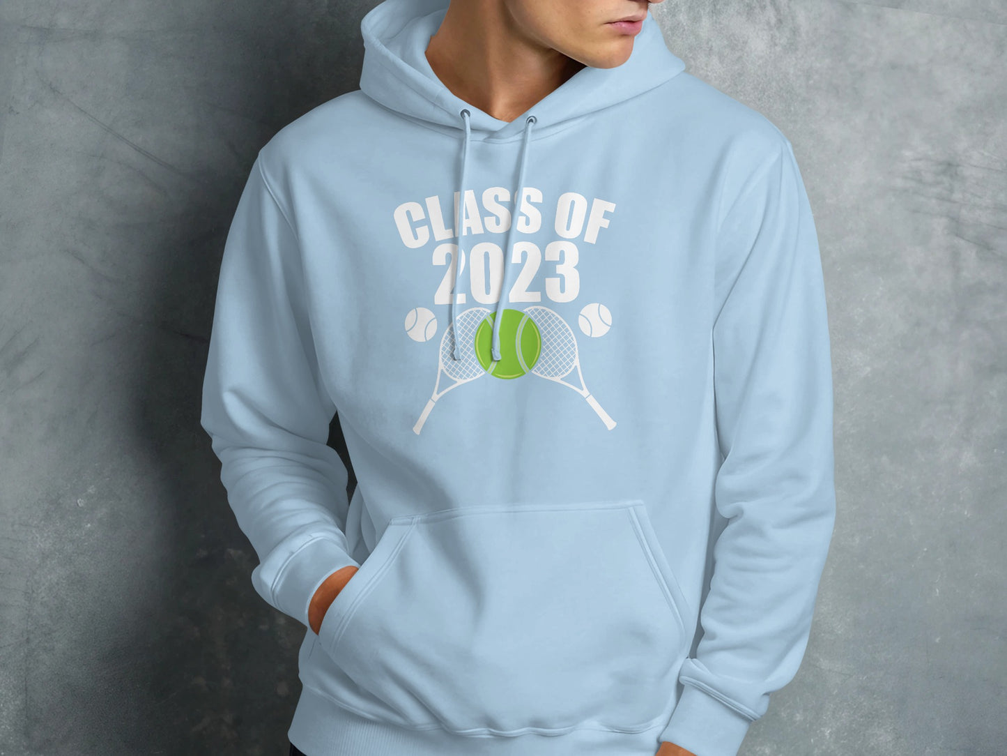 Light blue hoodie with "Class of 2023" and tennis rackets and balls.