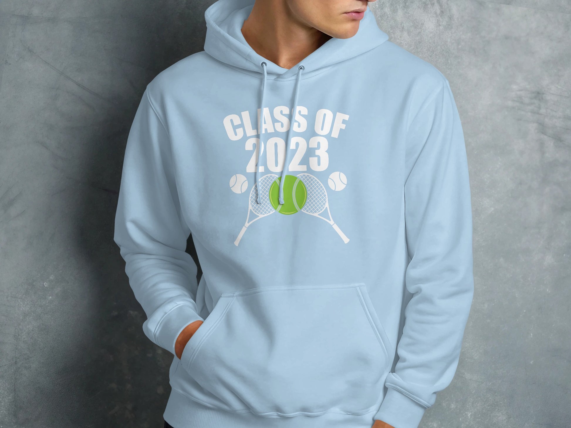 Light blue hoodie with "Class of 2023" and tennis rackets and balls.