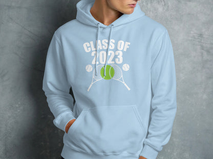 Light blue hoodie with "Class of 2023" and tennis rackets and balls.