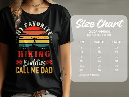 T-shirt with "My Favorite Hiking Buddies Call Me Dad" graphic and size chart.
