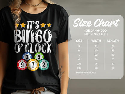 Black t-shirt with "It's Bingo O'Clock" and bingo balls, next to a size chart.