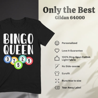 Black t-shirt with "BINGO QUEEN" and bingo balls 3, 7, 5, 29.