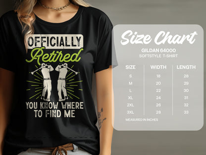 T-shirt with "Officially Retired" and golf graphics, includes size chart.