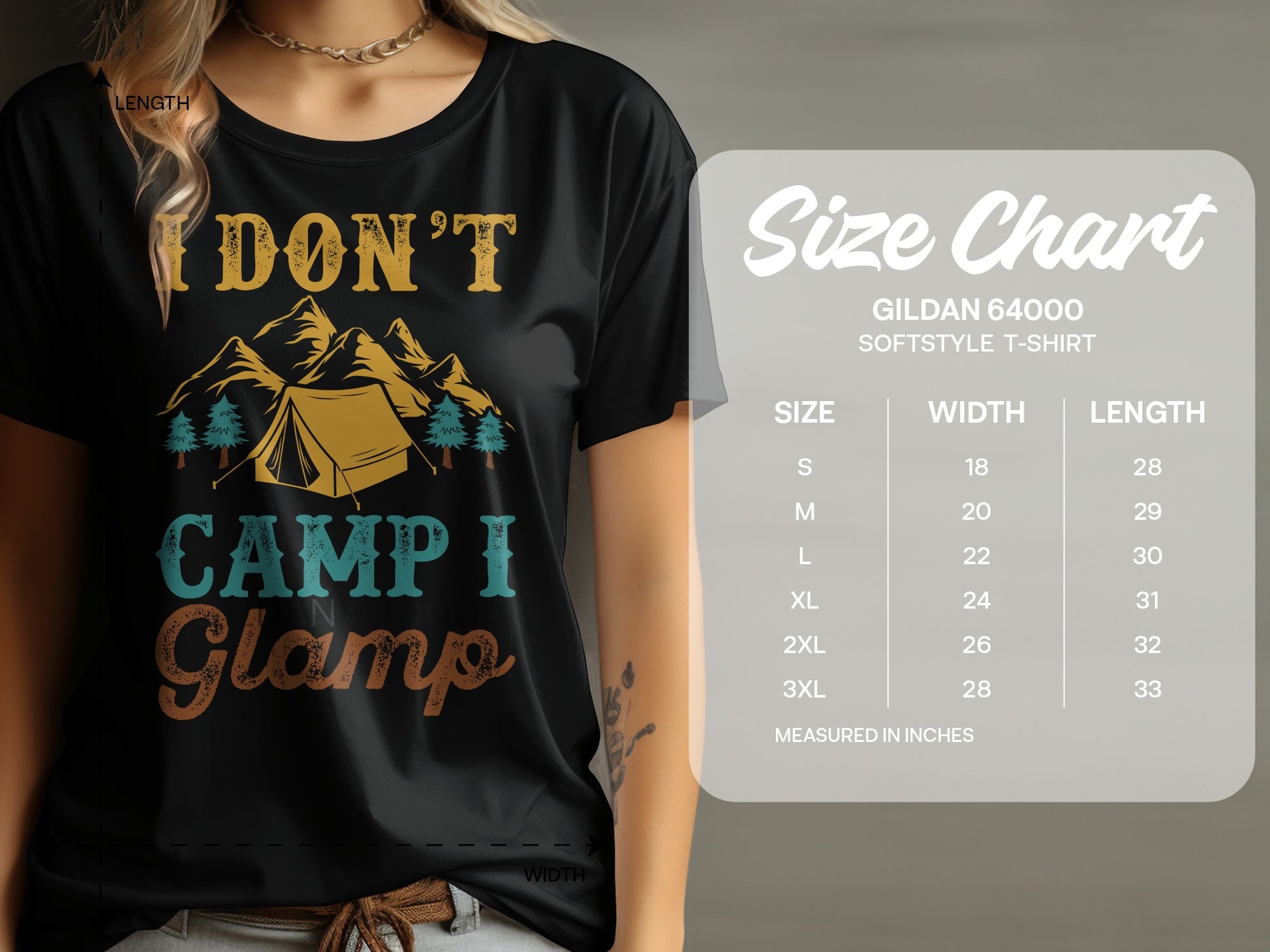 T-shirt with "I DON'T CAMP I Glamp" text and a size chart.