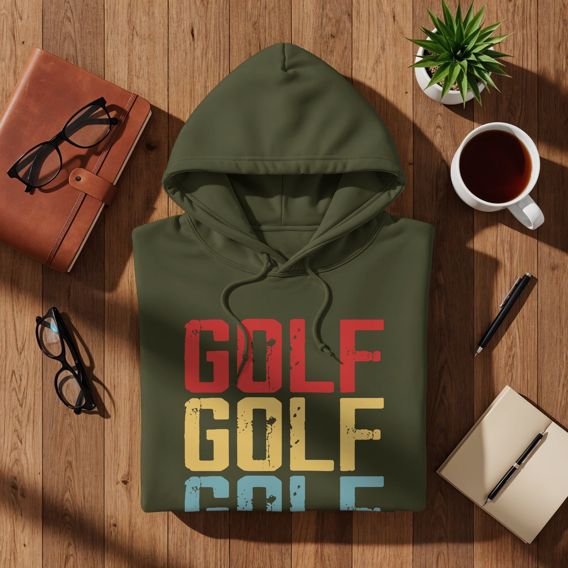 Olive green hoodie with "GOLF" repeated in red, yellow, and blue text.