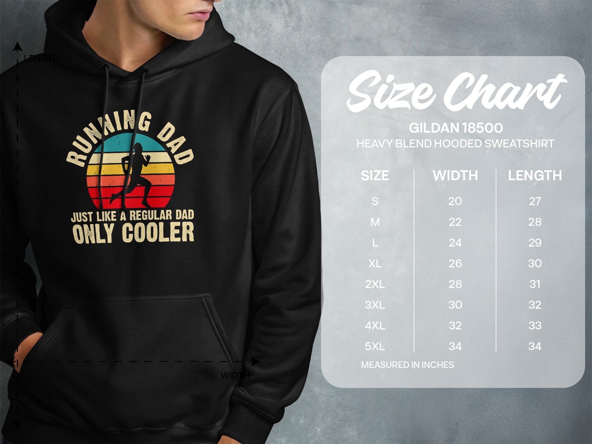 Men's hoodie with "Running Dad, Just Like a Regular Dad, Only Cooler" graphic and size chart.