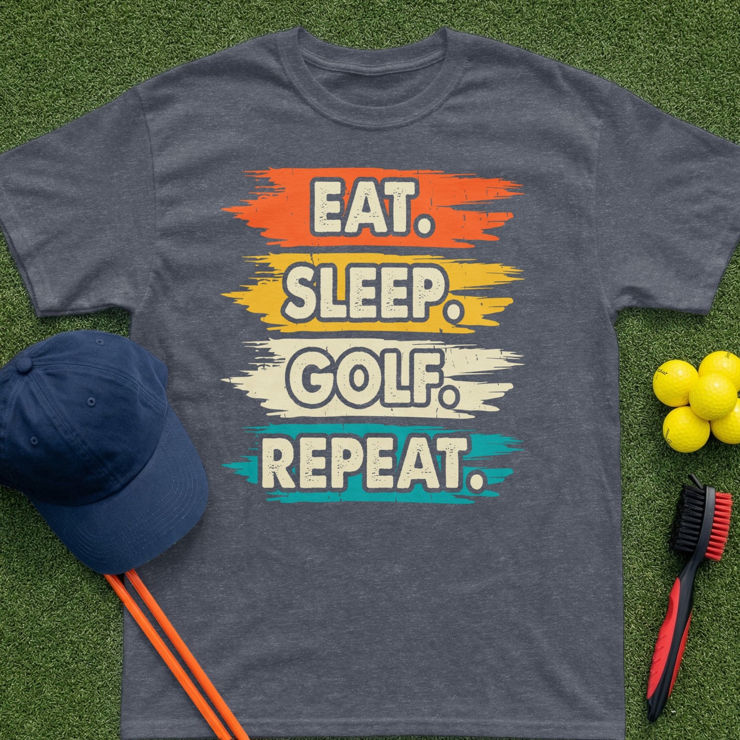 Golf t-shirt with "Eat. Sleep. Golf. Repeat." text, on a grassy background.