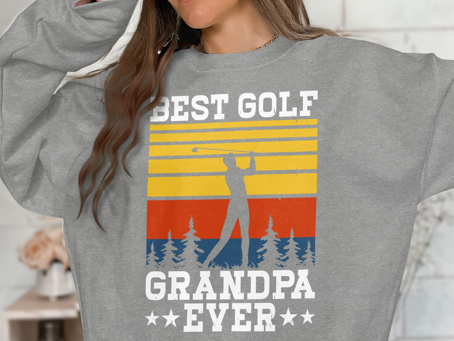Grey sweatshirt with "BEST GOLF GRANDPA EVER" and a golfer silhouette.