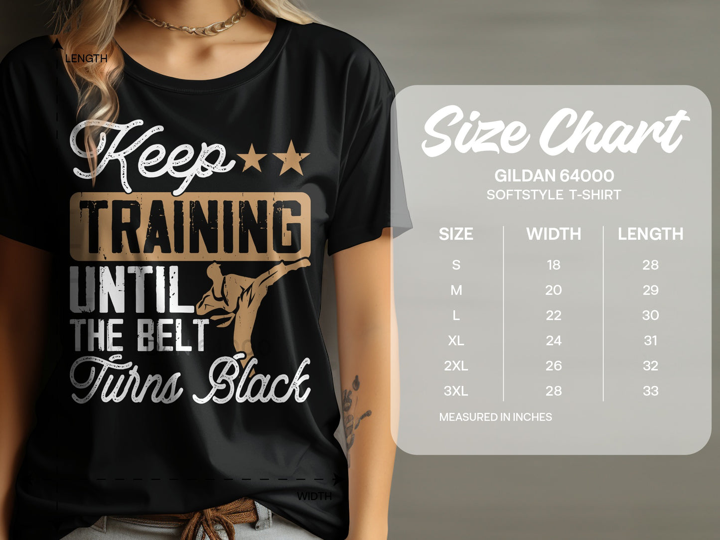 T-shirt with "Keep Training Until Turns Black" design and size chart.