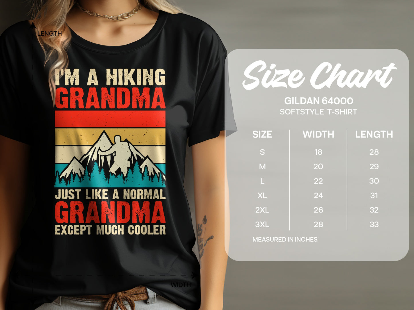 Black t-shirt with "I'm a hiking Grandma" and mountain graphic.