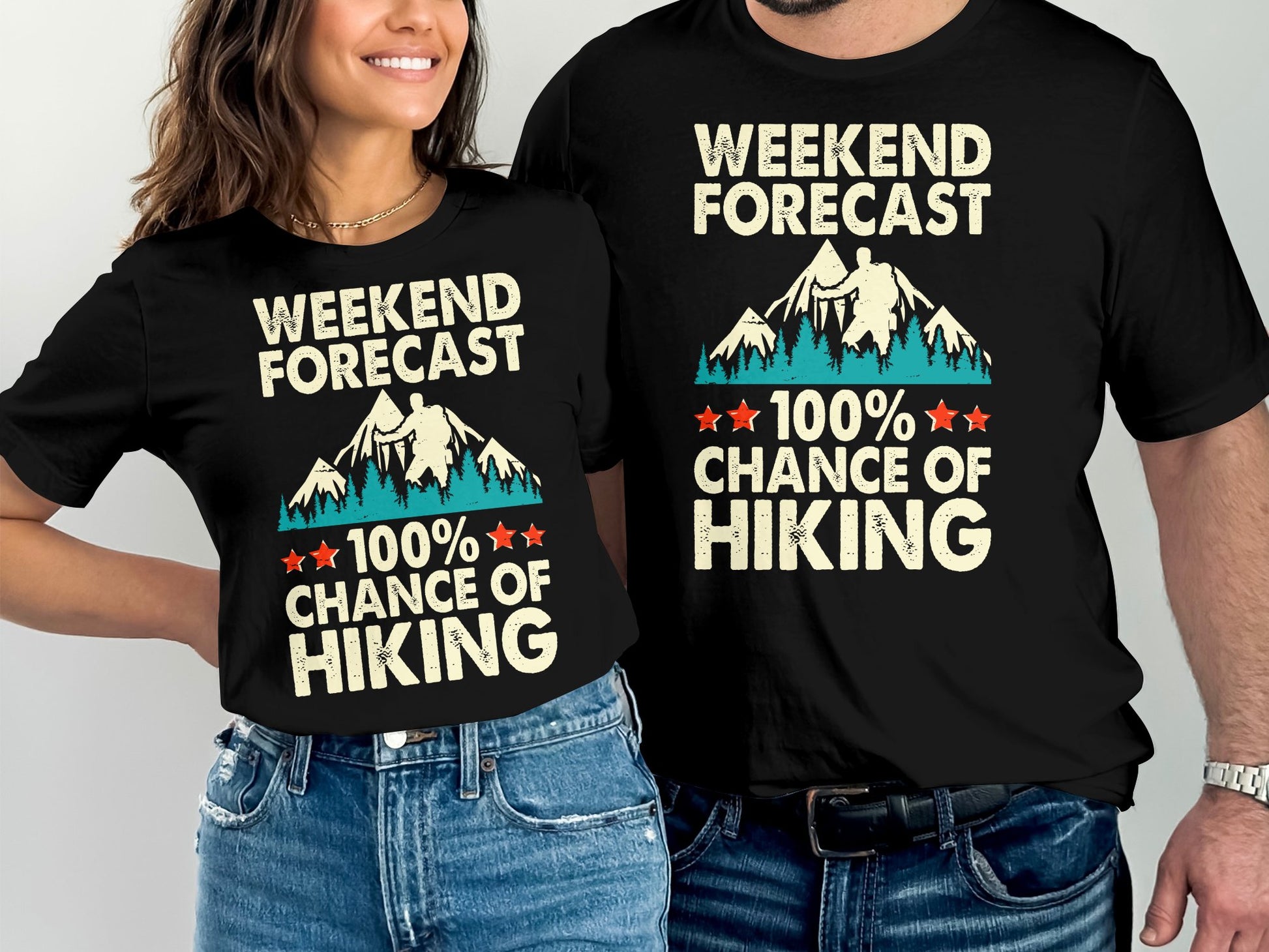 Black t-shirts with "Weekend Forecast 100% Chance of Hiking" and mountain graphic.