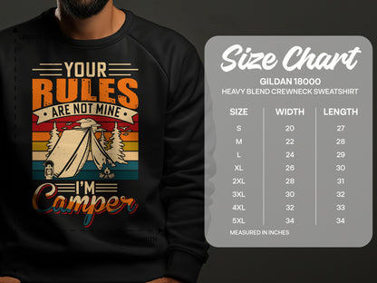 Sweatshirt with "Your Rules Are Not Mine, I'm a Camper" graphic and size chart.