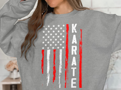 Gray sweatshirt with American flag design and "KARATE" text.
