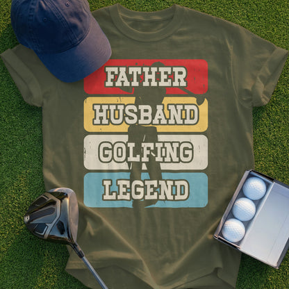T-shirt with "Father Husband Golfer Legend" text and golf elements.