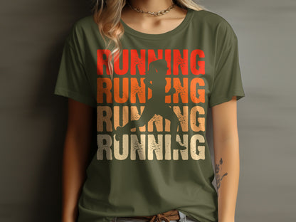 Green t-shirt with running silhouette and "RUNNING" text in gradient orange and red.