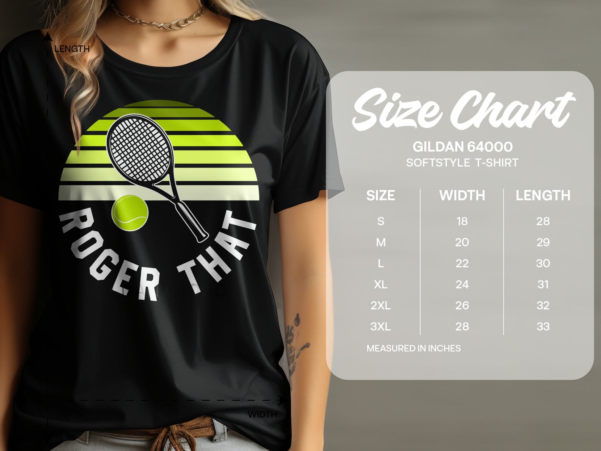 Black t-shirt with "ROGER THAT" text, tennis racket, and ball. Size chart displayed.