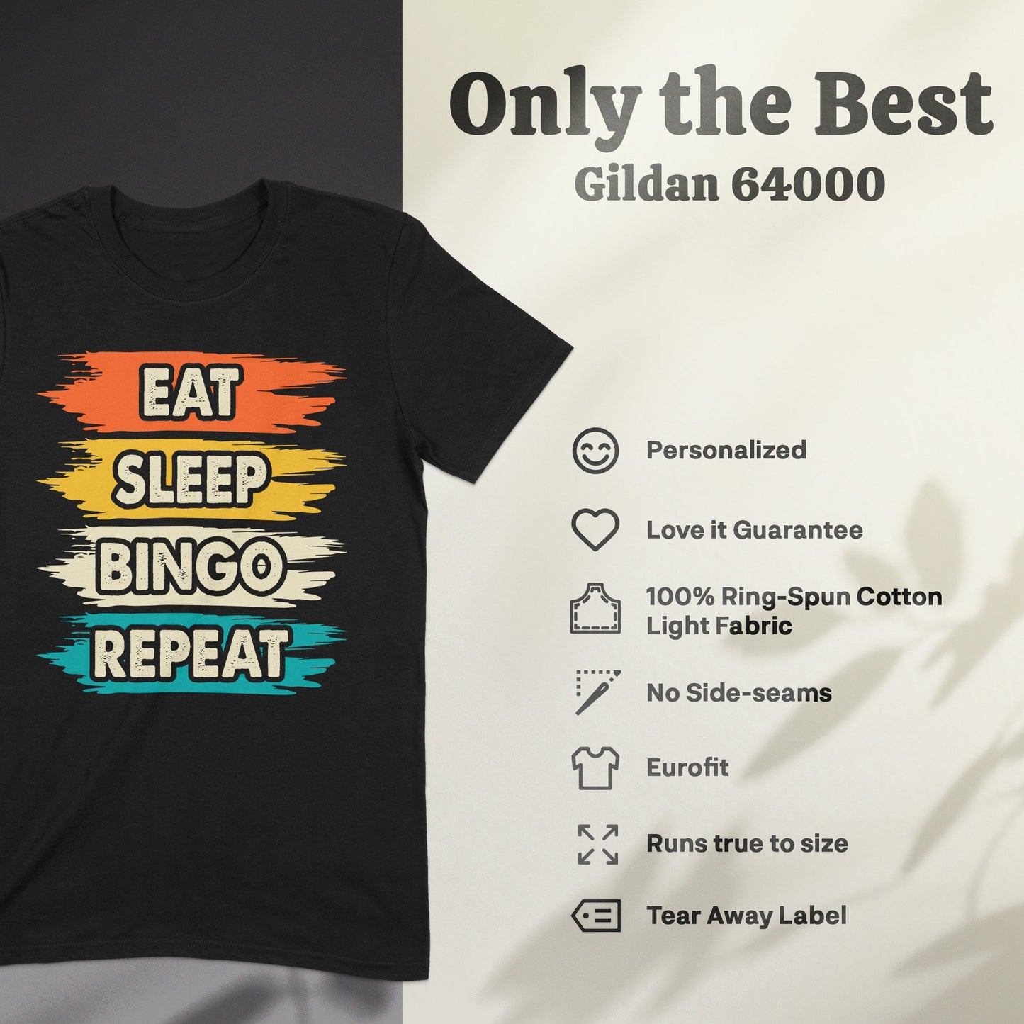 Black t-shirt with "Eat Sleep Bingo Repeat" in colorful stripes.