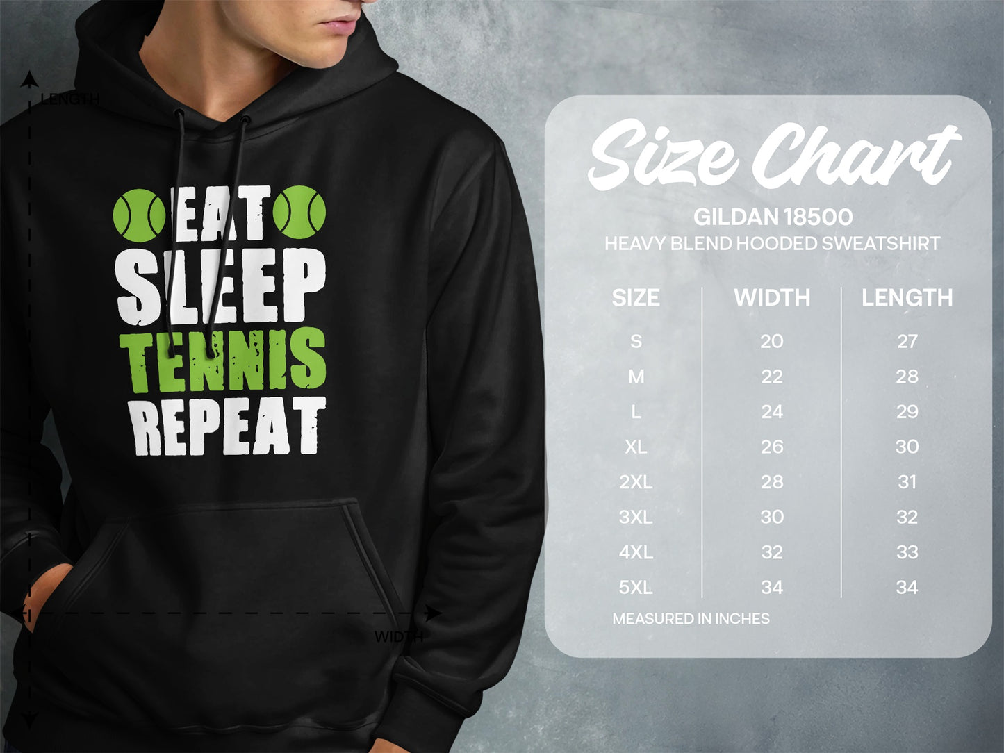 Men's hoodie with "Eat Sleep Tennis Repeat" graphic and size chart.