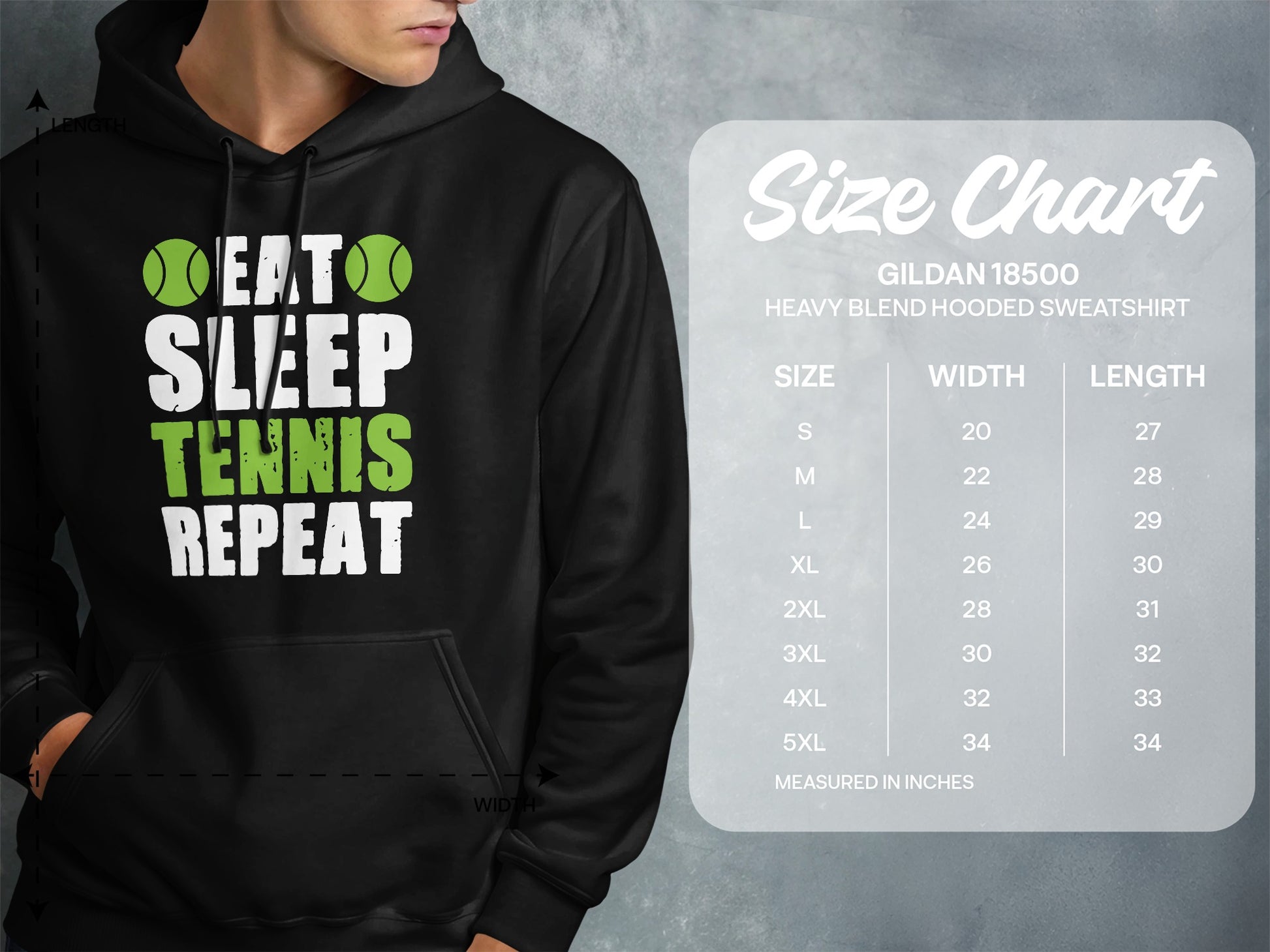 Men's hoodie with "Eat Sleep Tennis Repeat" graphic and size chart.
