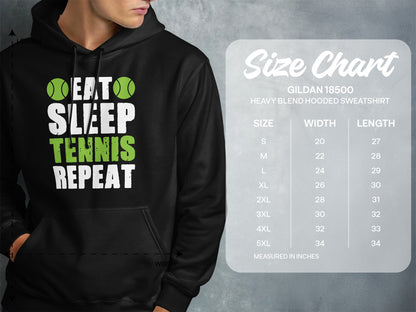Men's hoodie with "Eat Sleep Tennis Repeat" graphic and size chart.