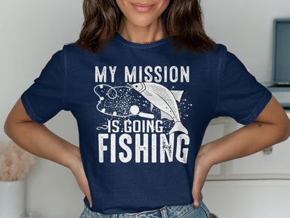 Navy t-shirt with "My mission is going fishing" text and fish graphic.