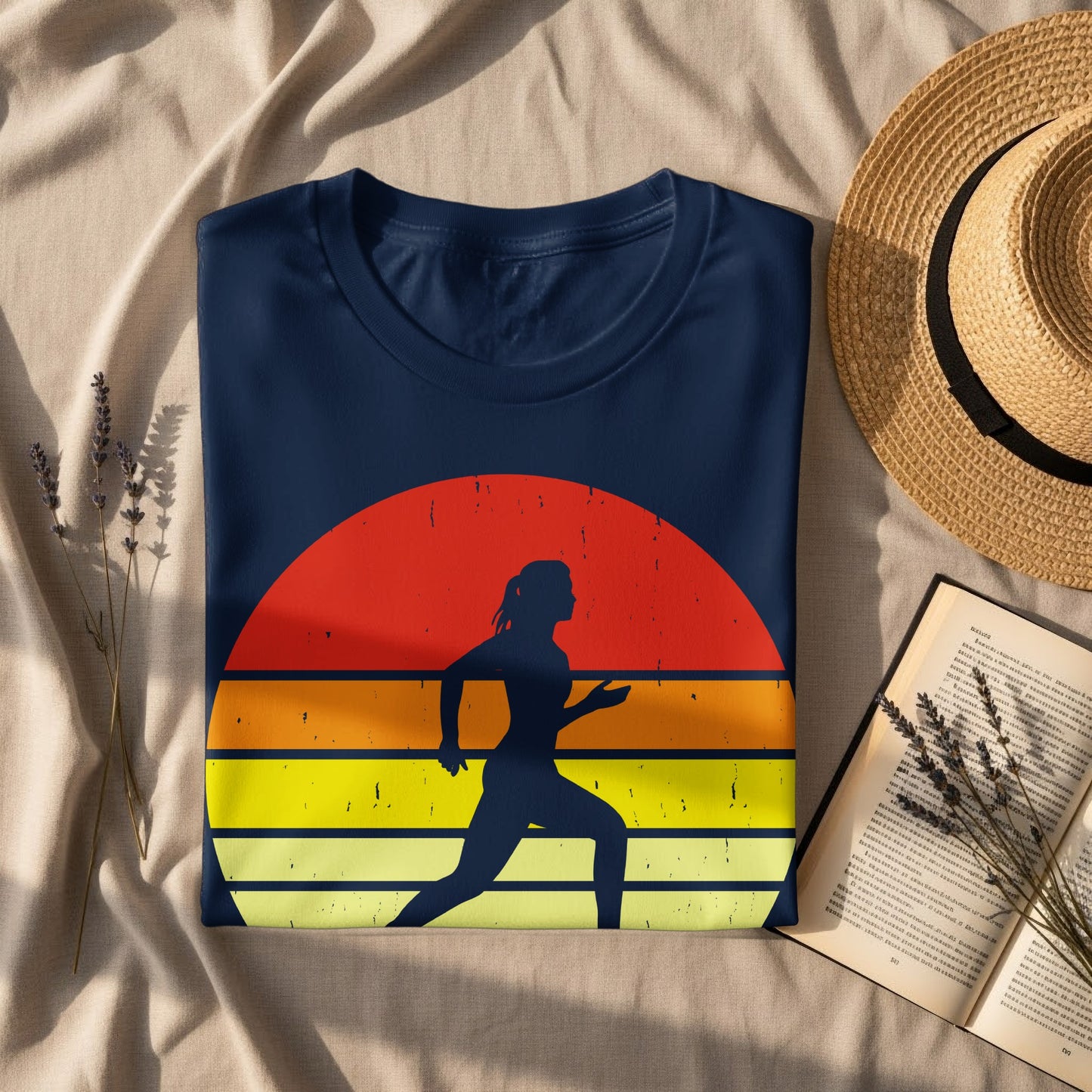 Dark blue t-shirt with sunset graphic of a female runner.