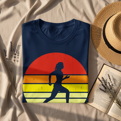 Dark blue t-shirt with sunset graphic of a female runner.