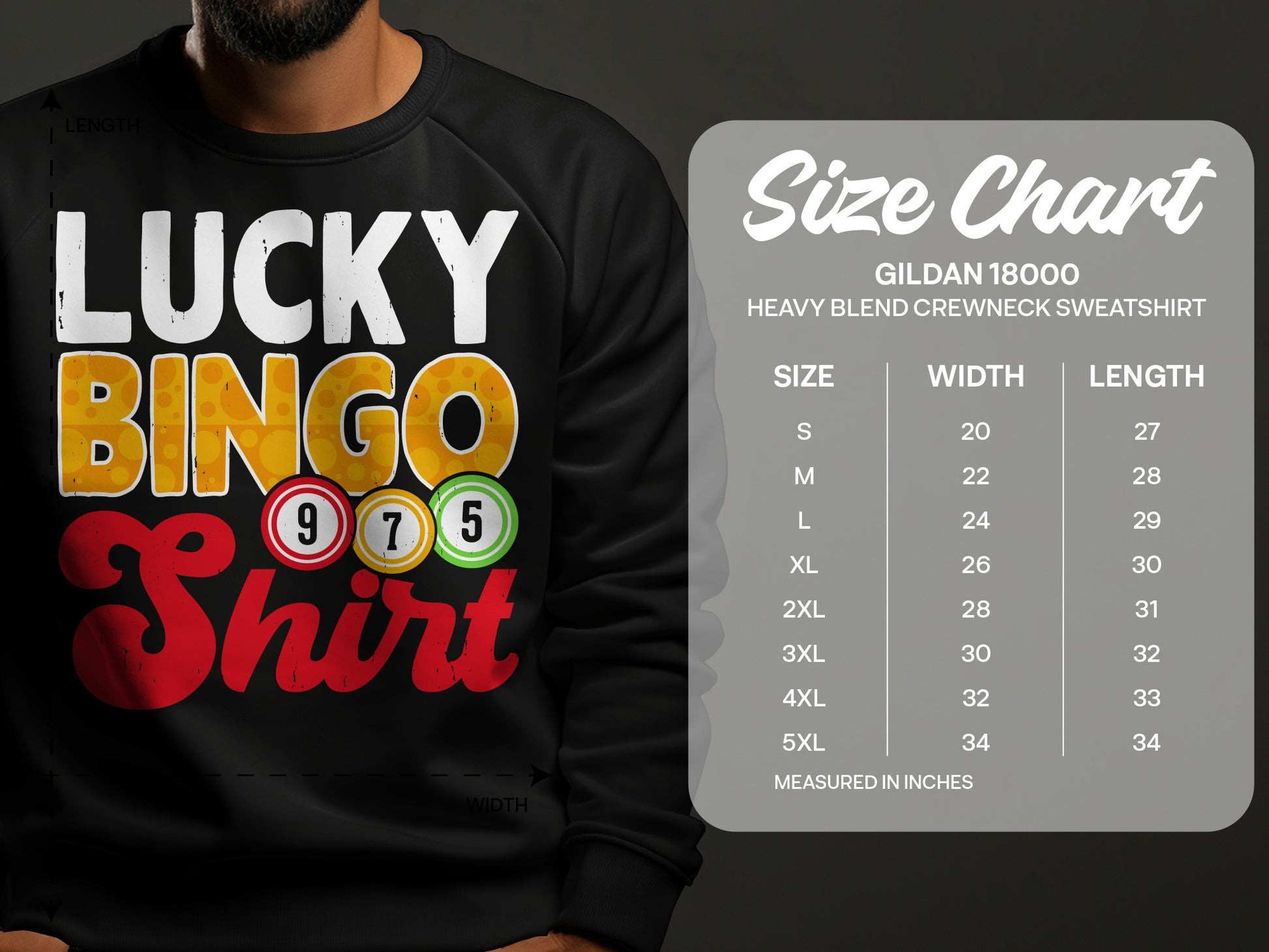 Lucky Bingo Shirt with size chart for Gildan 18000 sweatshirt.