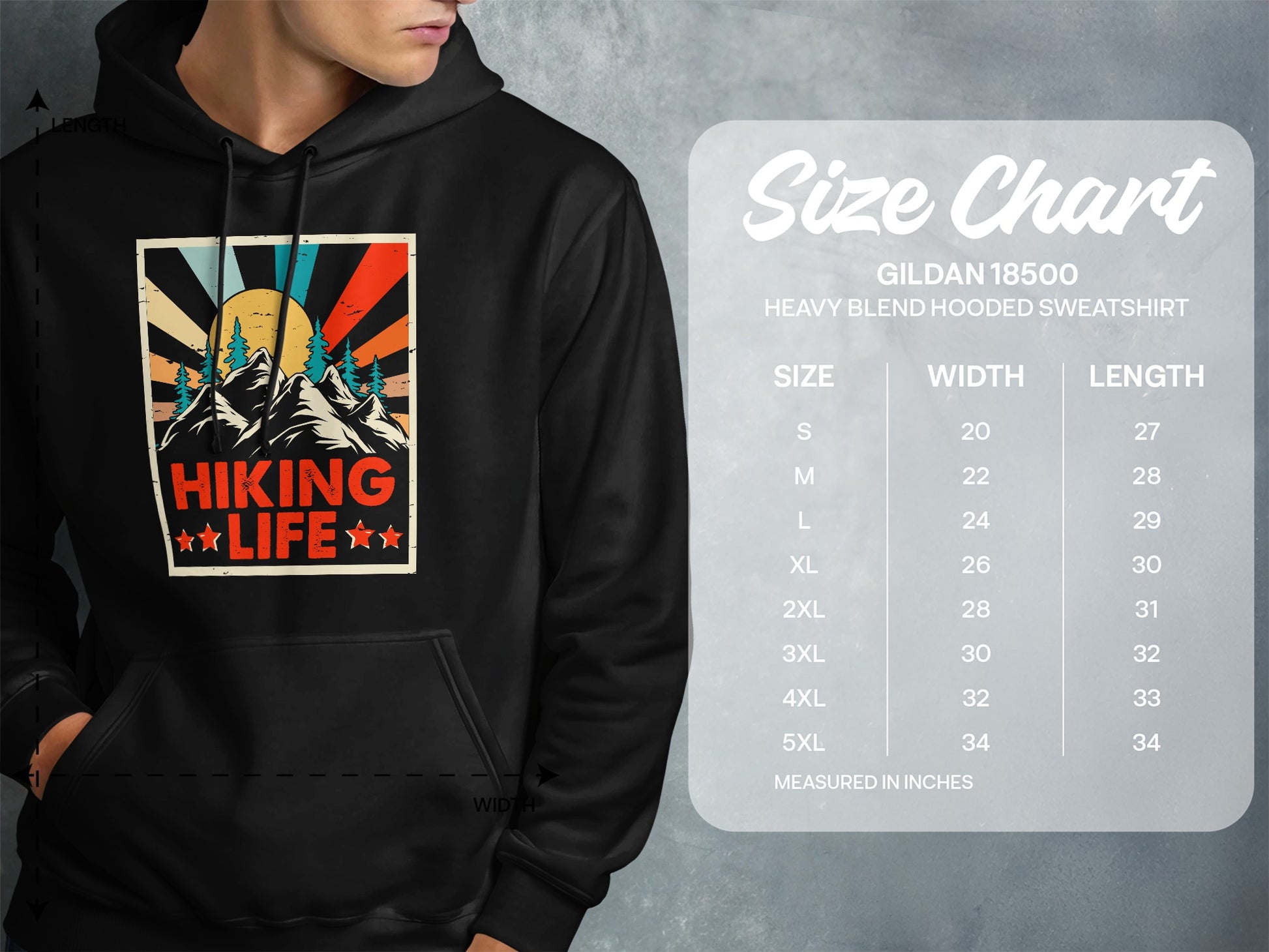 Gildan 18500 hooded sweatshirt size chart with hiking graphic.