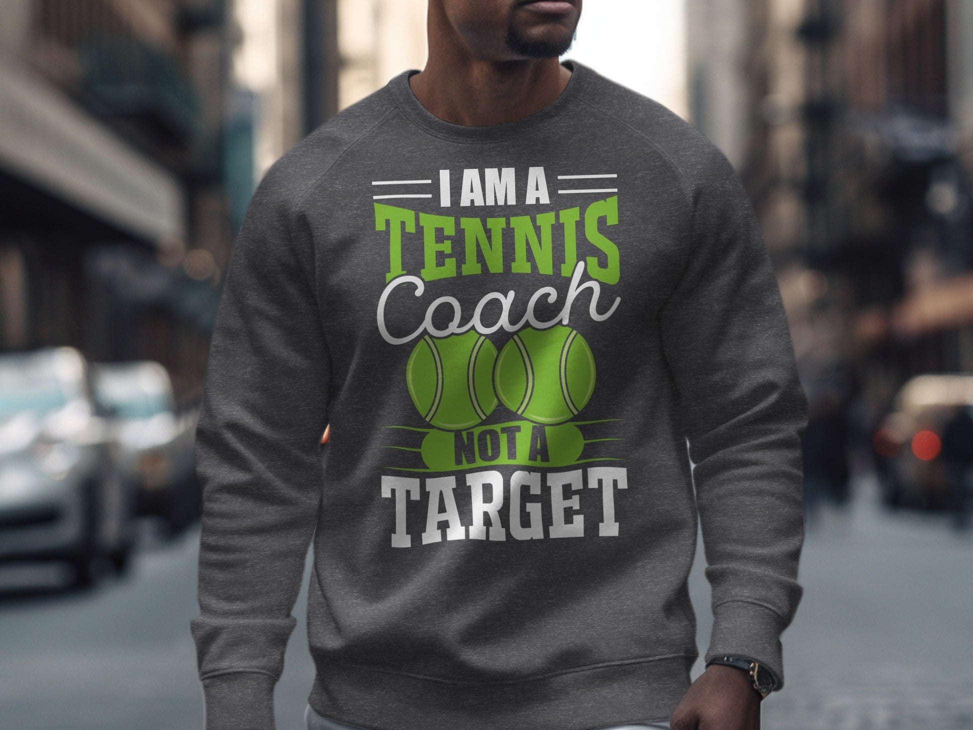 Grey sweatshirt with text "I AM A TENNIS COACH NOT A TARGET" and two green tennis balls.