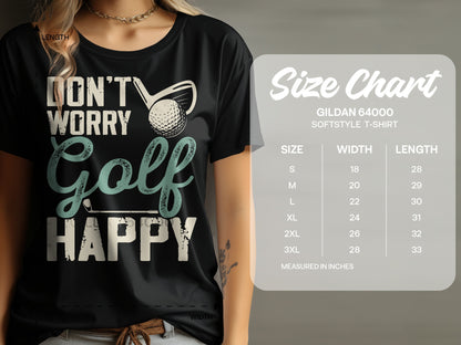 Black t-shirt with "DON'T WORRY GOLF HAPPY" text, golf ball, and club.