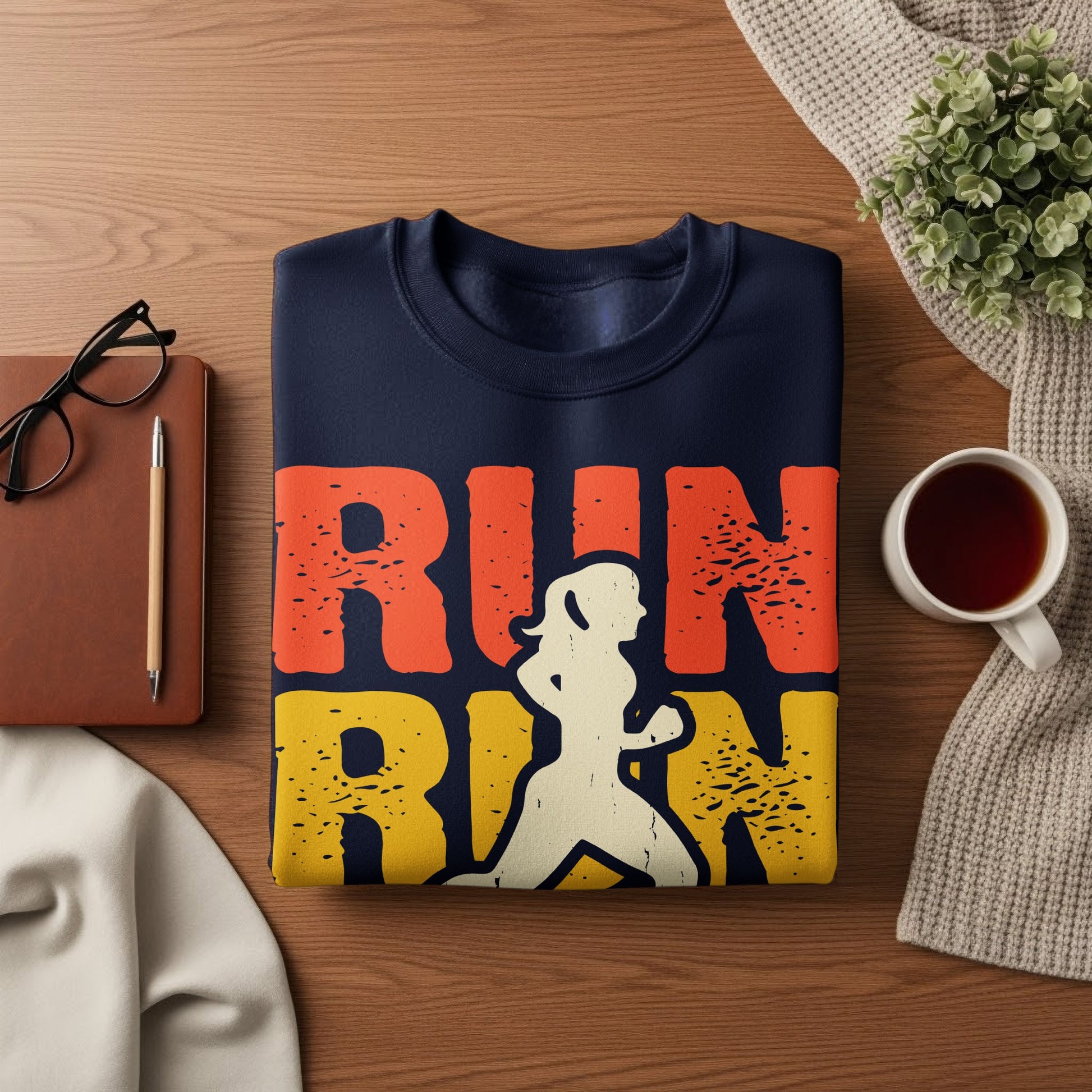 Navy sweatshirt with "RUN RUN" graphic and female runner silhouette.