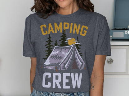 Gray t-shirt with "CAMPING CREW" text and a tent illustration.