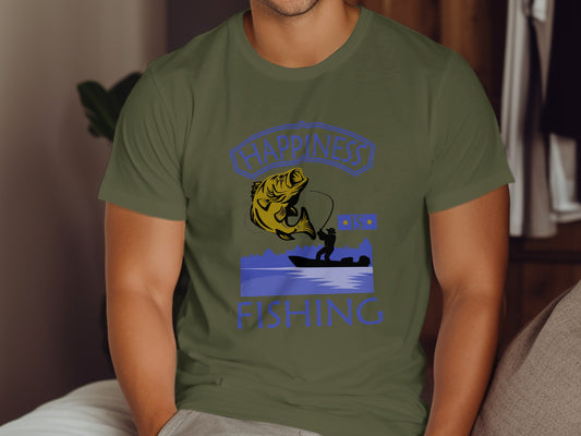 T-shirt with "Happiness is Fishing" text and fisherman reeling in a large bass.