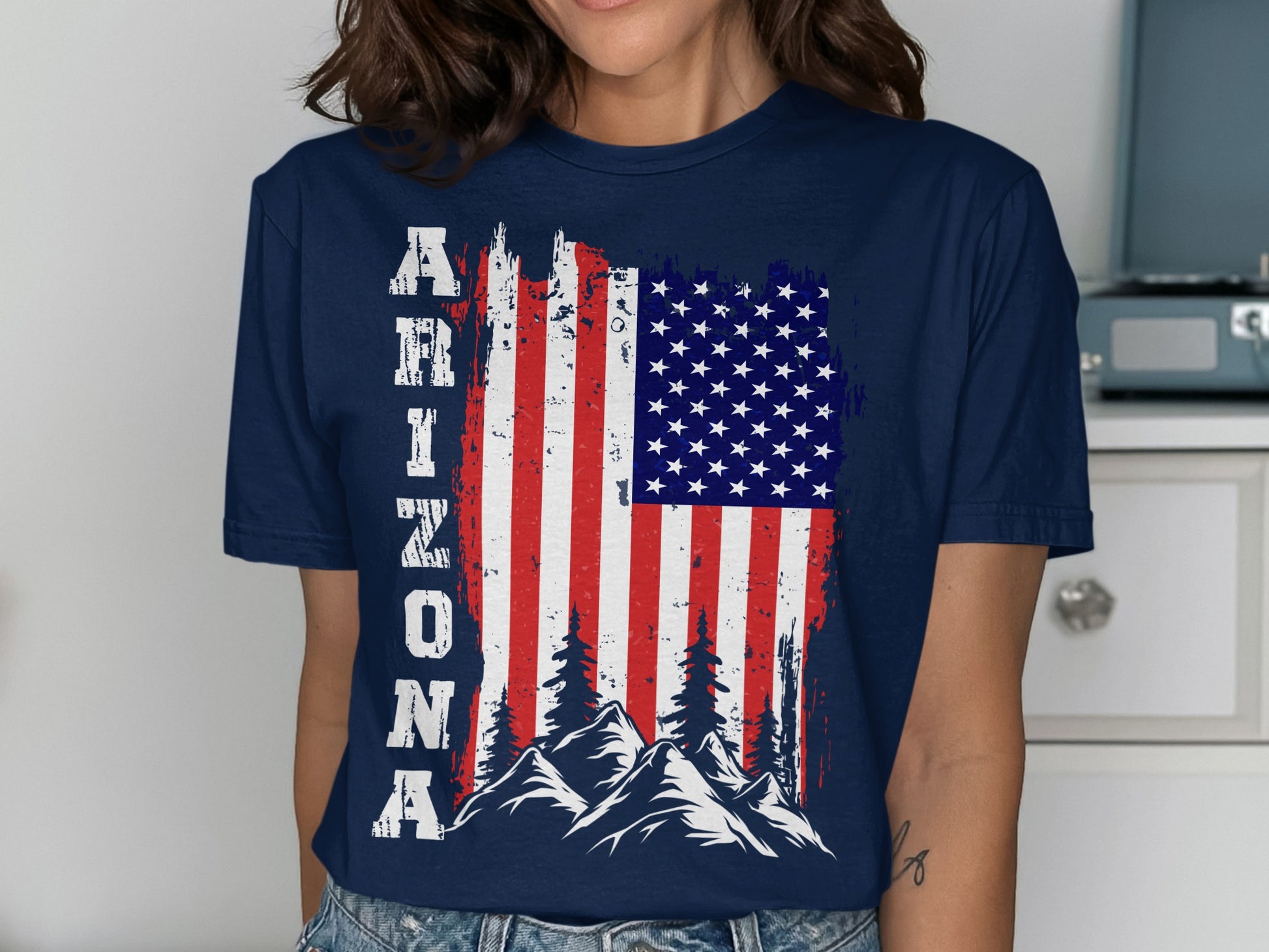 T-shirt with distressed US flag, mountains, and "Arizona" text.