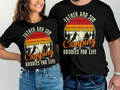 Father and son camping buddies for life graphic on black t-shirts.