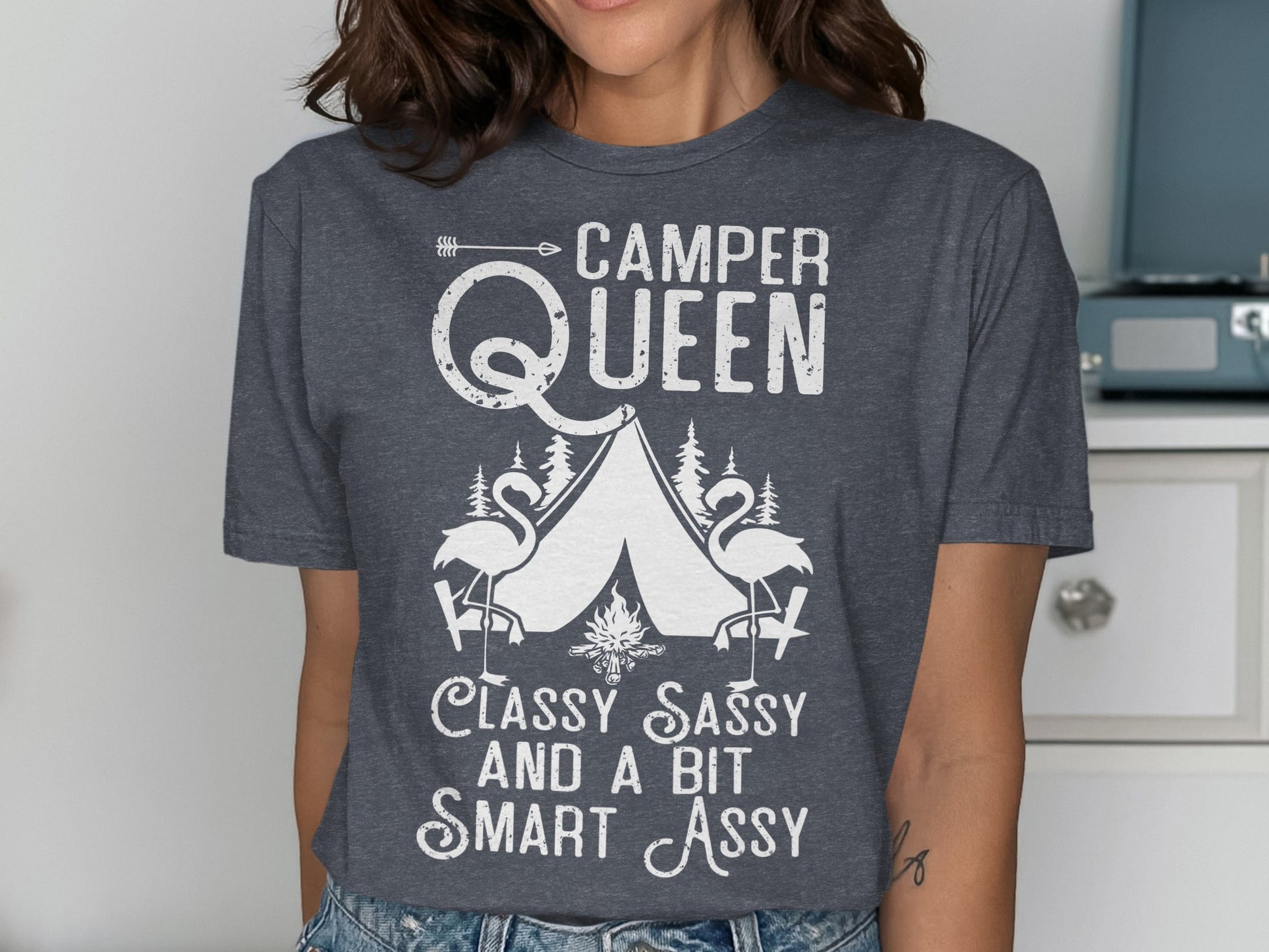 Camper Queen text with flamingos and tents, "Classy Sassy and a Bit Smart Assy".