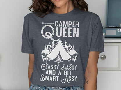 Camper Queen text with flamingos and tents, "Classy Sassy and a Bit Smart Assy".