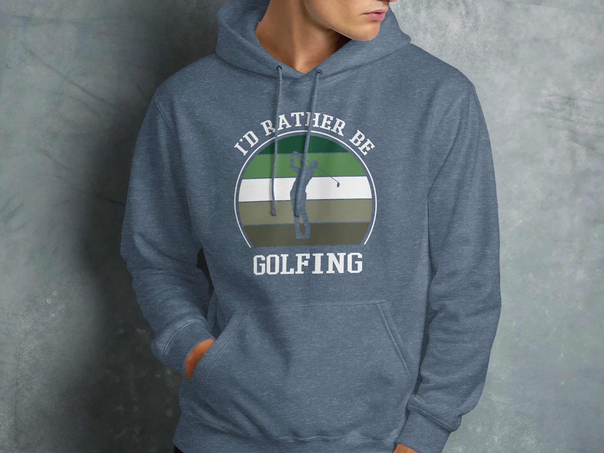 Blue hoodie with "I'd Rather Be Golfing" text and golf graphic.