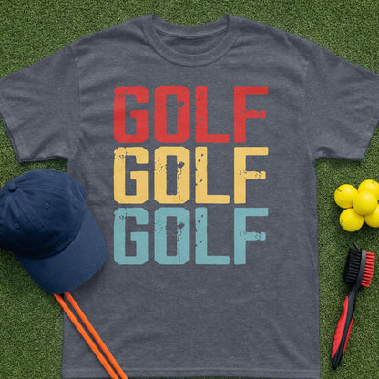 T-shirt with bold "GOLF" text in red, yellow, and blue stripes.