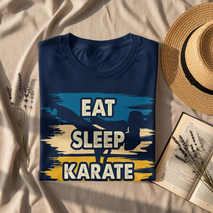 Navy t-shirt with "Eat Sleep Karate" graphic and martial artist silhouette.