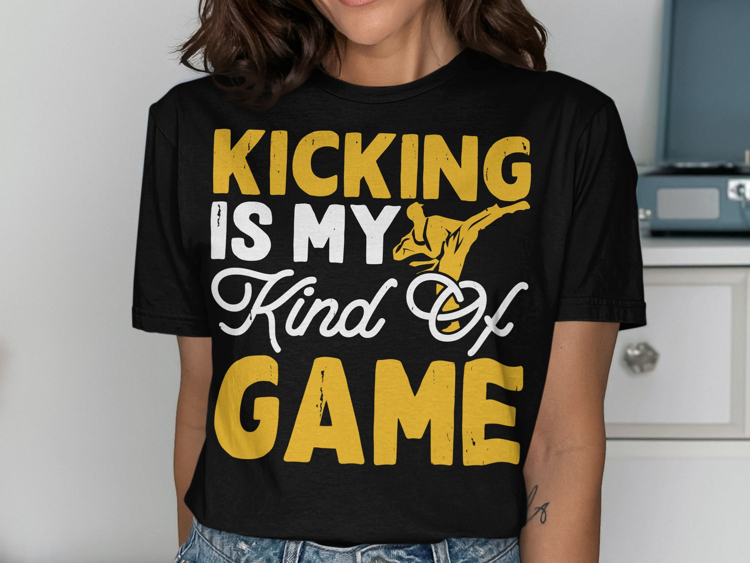 KICKING IS MY Kind Of GAME karate graphic on black t-shirt.