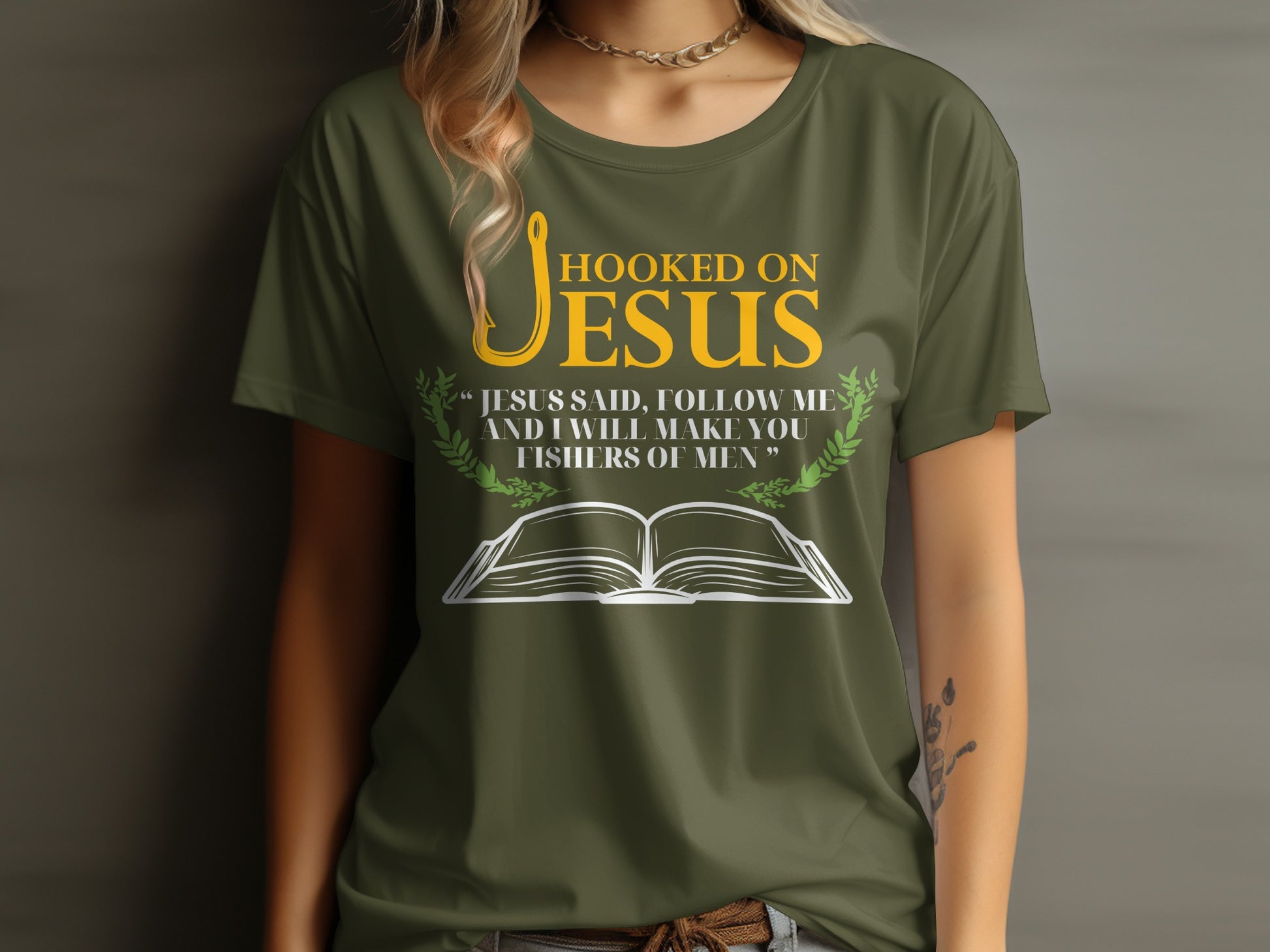 Olive green t-shirt with "Hooked on Jesus" and Bible verse.