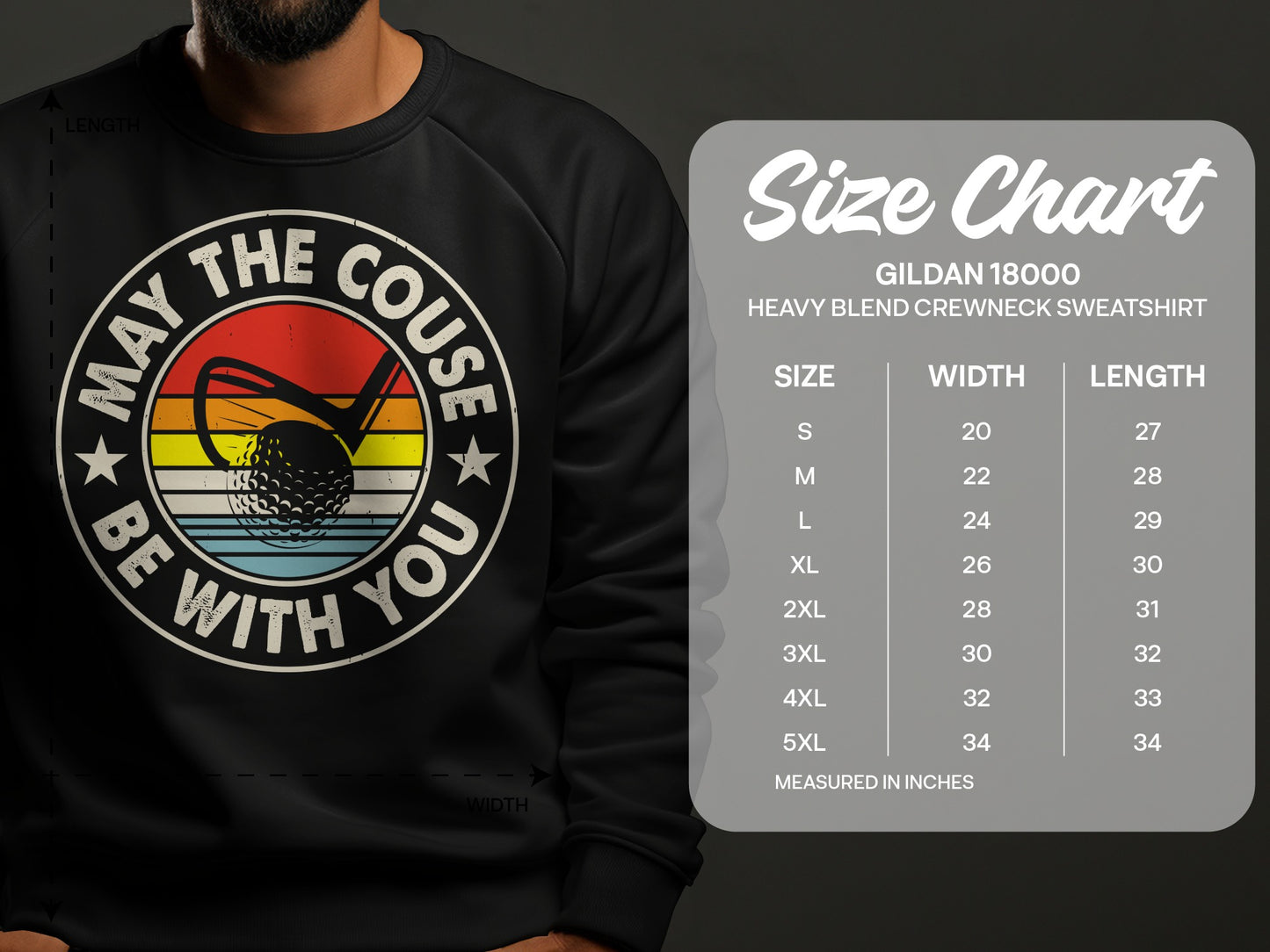 Gildan 18000 sweatshirt size chart with golf graphic.