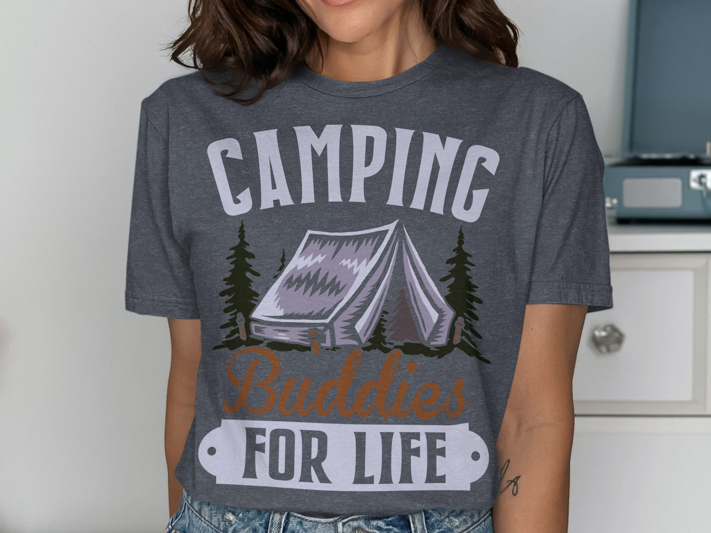 T-shirt with "Camping Buddies For Life" text and tent graphic.