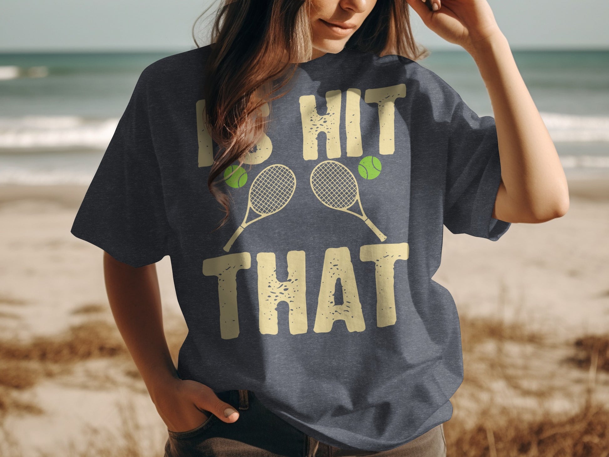 Navy t-shirt with "I HIT THAT" text and two tennis rackets.