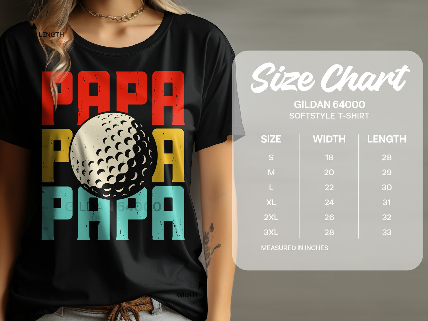 T-shirt with "PAPA" text and golf ball graphic, alongside size chart.