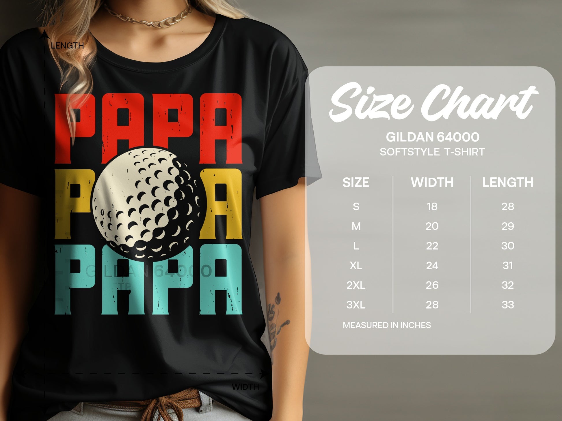 T-shirt with "PAPA" text and golf ball graphic, alongside size chart.
