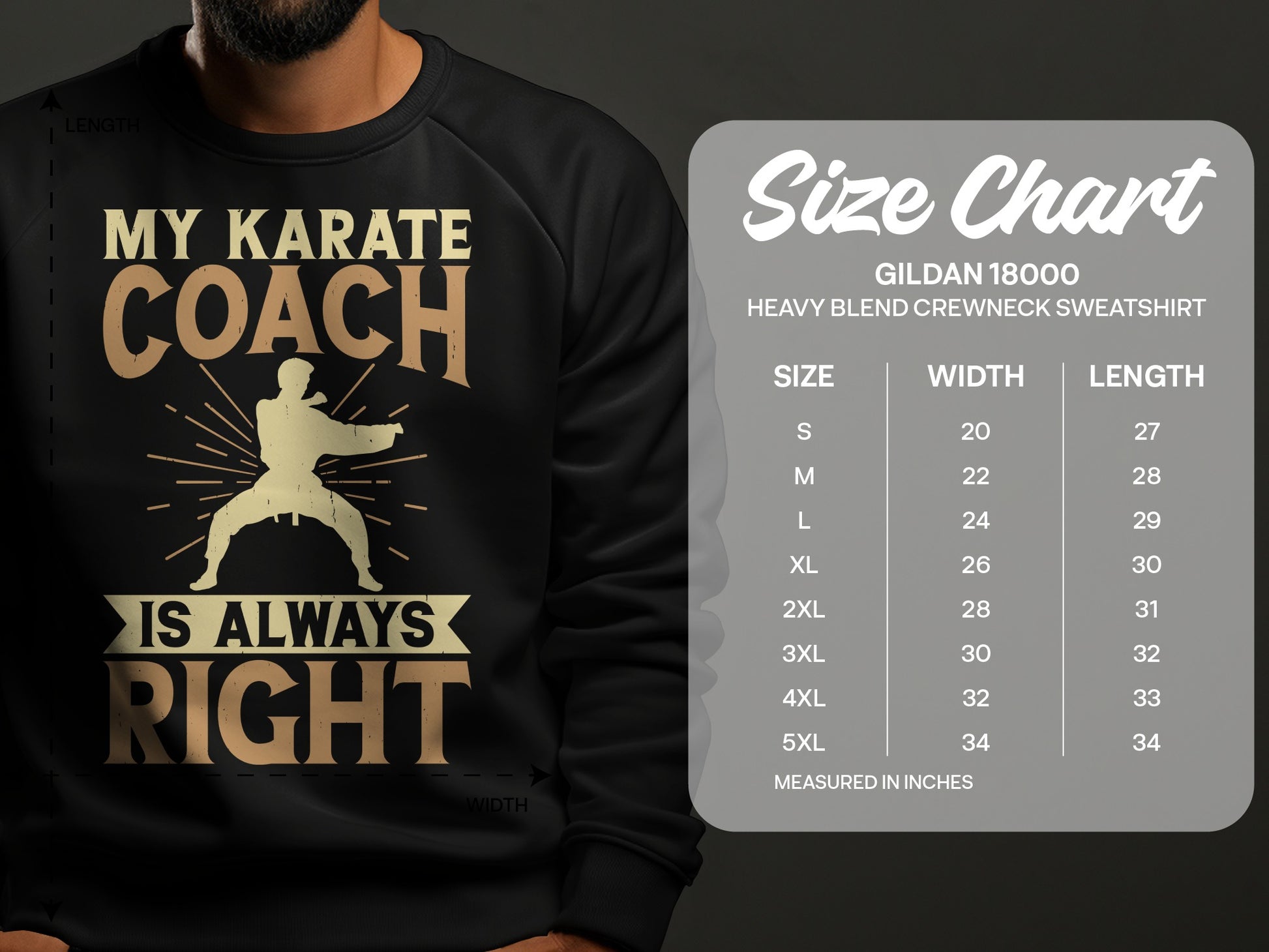 Black sweatshirt with "My Karate Coach Is Always Right" graphic and size chart.